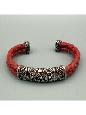 Joseph Esposito Sterling Silver Braided Red Leather Cuff Bangle Bracelet Signed